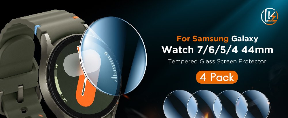 Set of four round screen protectors for Samsung Galaxy Watch, shown with one protector being applied to a smartwatch face.